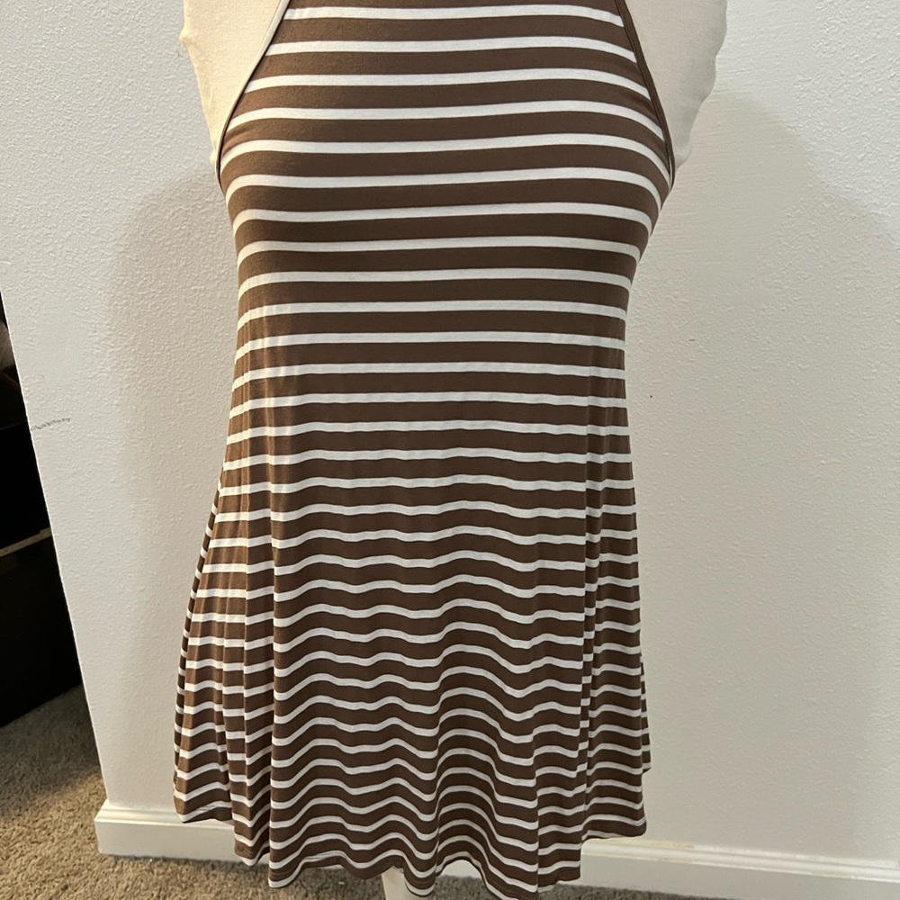 brown and white stripe sleeveless dress